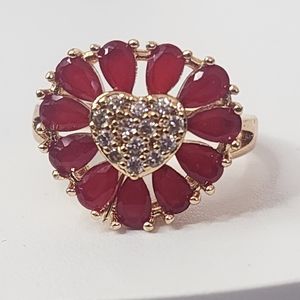Ruby Red Zirconia Heart Shaped Ring  Gold Plated Adjustable New